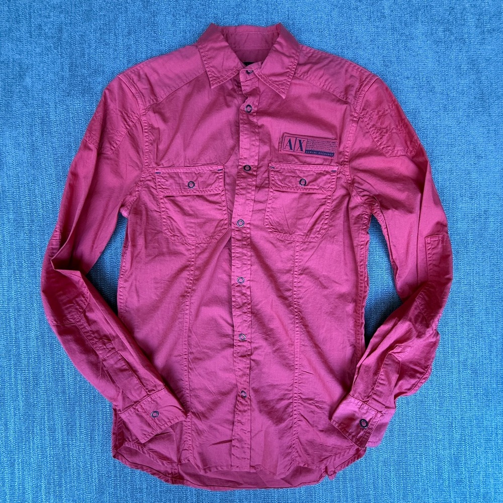 Armani Exchange Shirt Mens XS Red Long Sleeve Collared Chest Pocket Snap Front